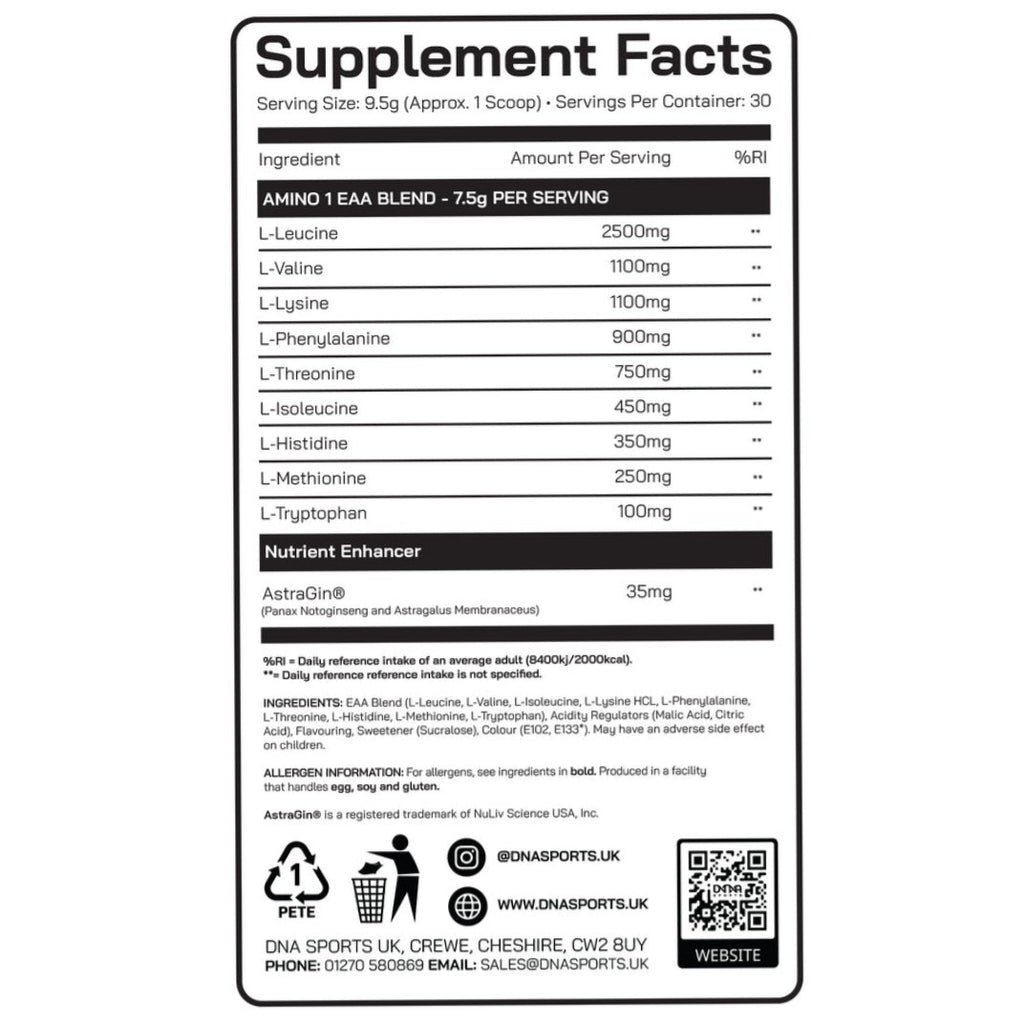 DNA Sports Amino 1 EAA - Complete Essential Amino Acids for Muscle Recovery & Growth -  285g