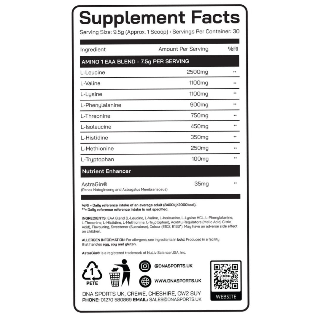 DNA Sports Amino 1 EAA - Complete Essential Amino Acids for Muscle Recovery & Growth -  285g