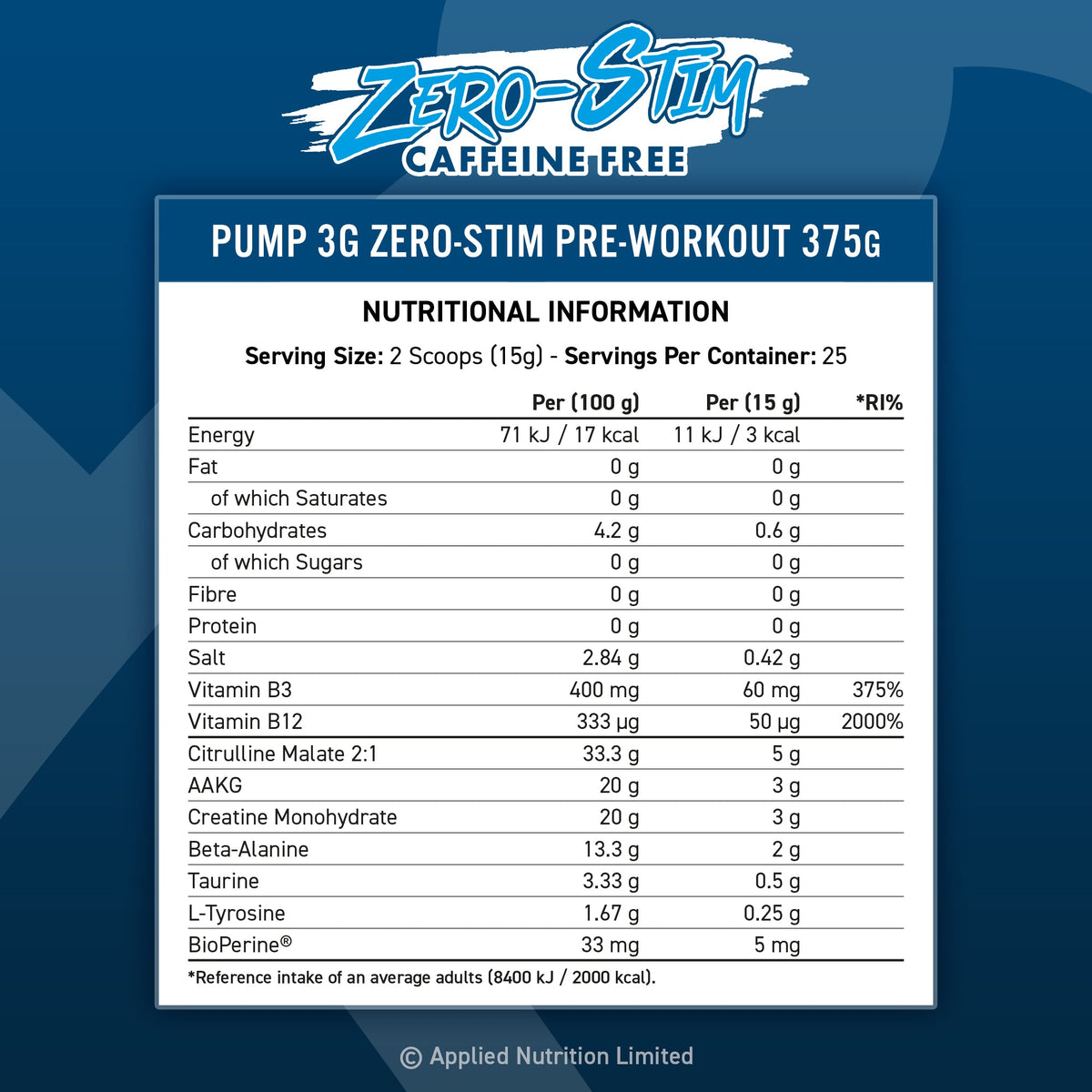 APPLIED NUTRITION PUMP 3G 375g Zero Stim CAFFEINE FREE